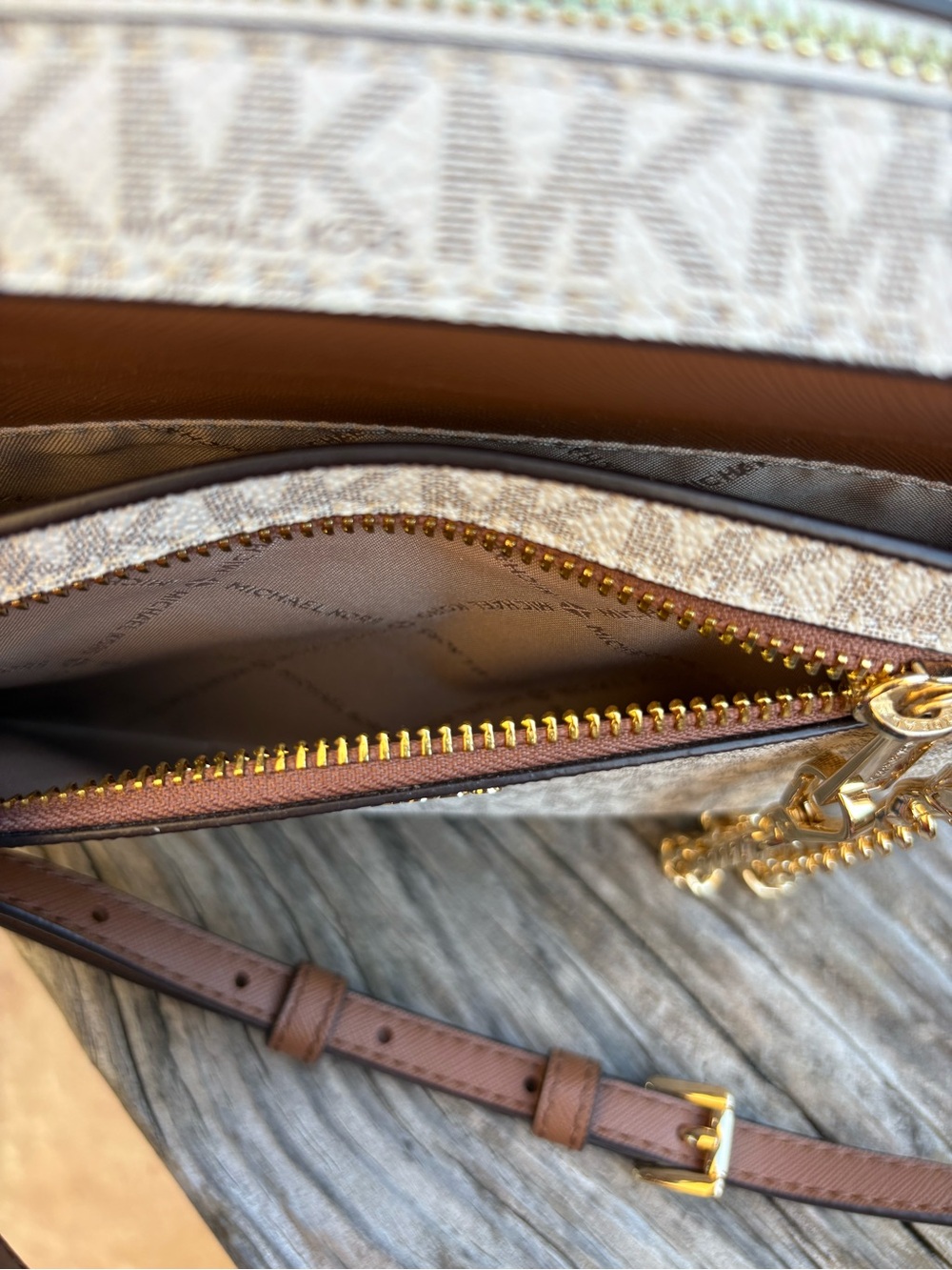 Michael Kors Beige MK Signature Crossbody with Brown Trim & Gold Chain - Picture 9 of 11